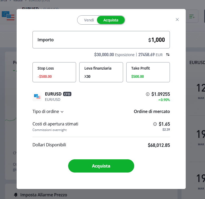 Esempio CFD eToro: Acquisto EURUSD