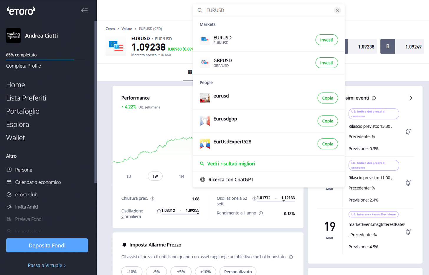 Esempio CFD eToro: Ricerca EURUSD