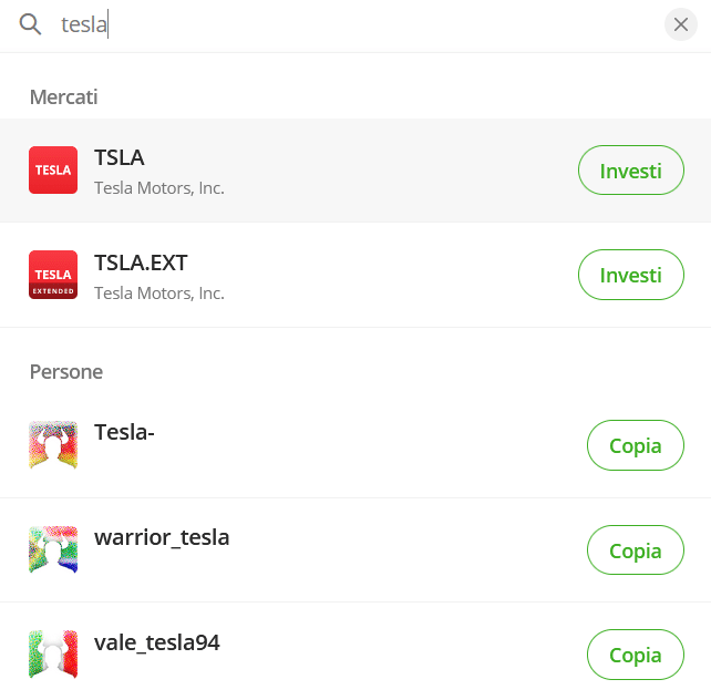 Ricerca titolo Tesla su eToro