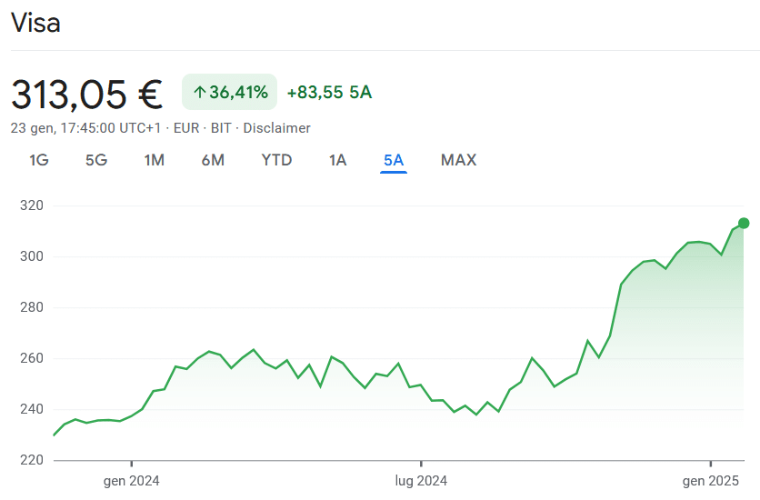 Performance titolo Visa ultimi 5 anni. Fonte: Google Finanza